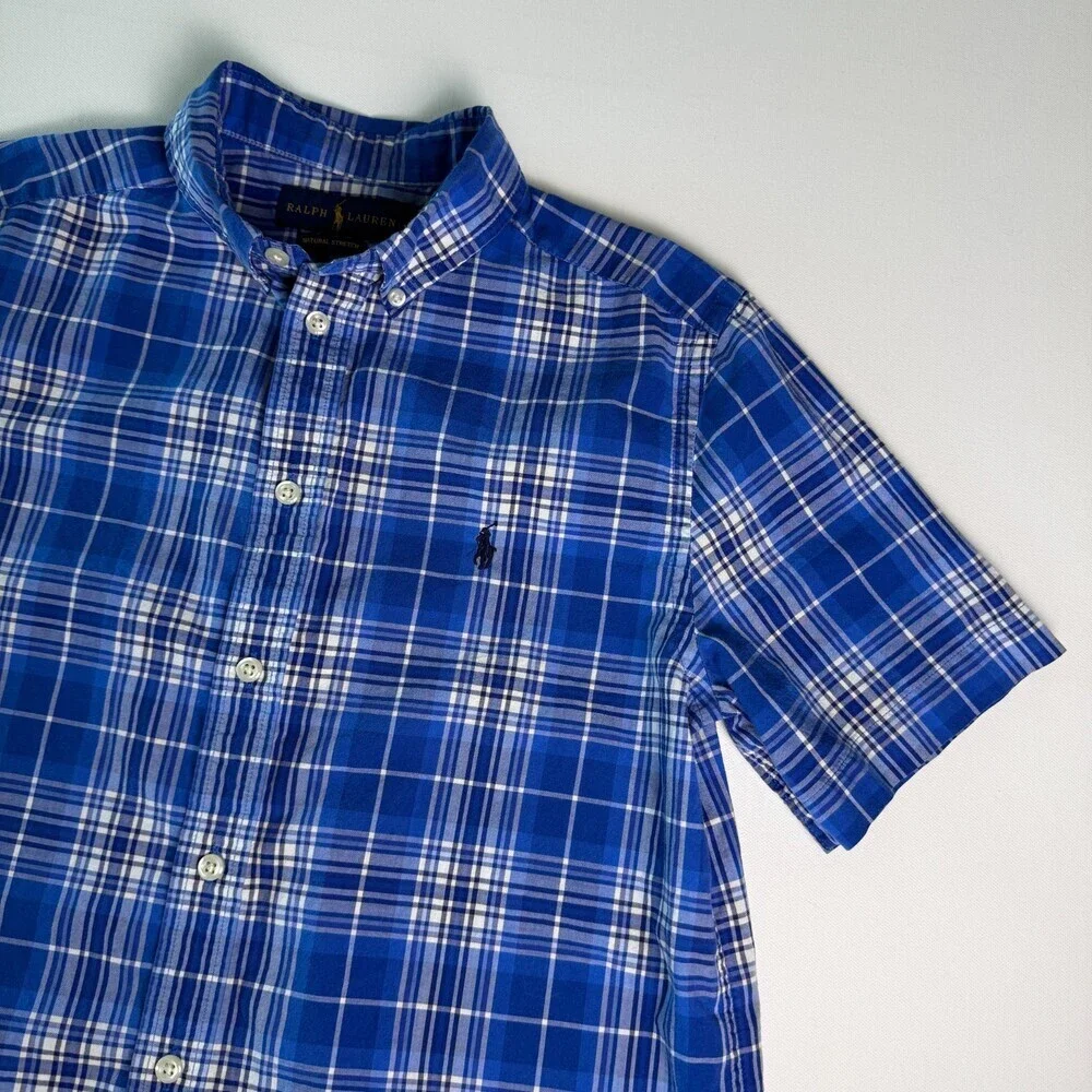 Ralph Lauren Boys Blue Plaid Short Sleeve Button Down Shirt Size L 14-16 Cotton